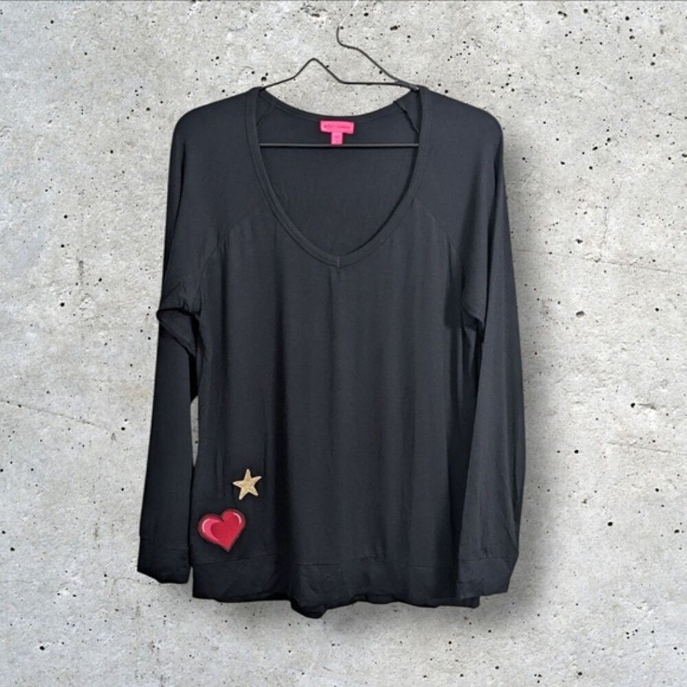 NWT Betsey Johnson Black Long Sleeve Top Tee Heart Star Embroidery Love Cute L